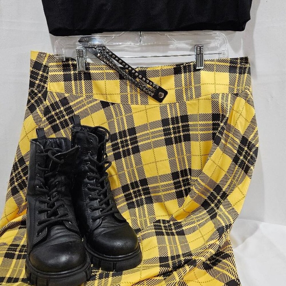 New RETRO UNIQUE VINTAGE YELLOW BLACK PLAID HIGH WAIST SWING SKATER SKIRT  18 - Picture 8 of 9